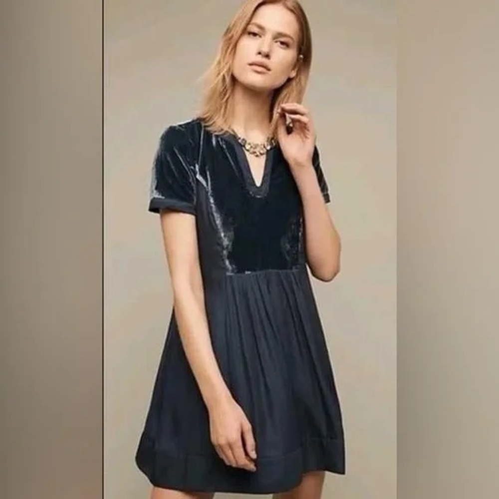 Maeve Anthropologie Velvet Mini Dress in Deep Blue Medium